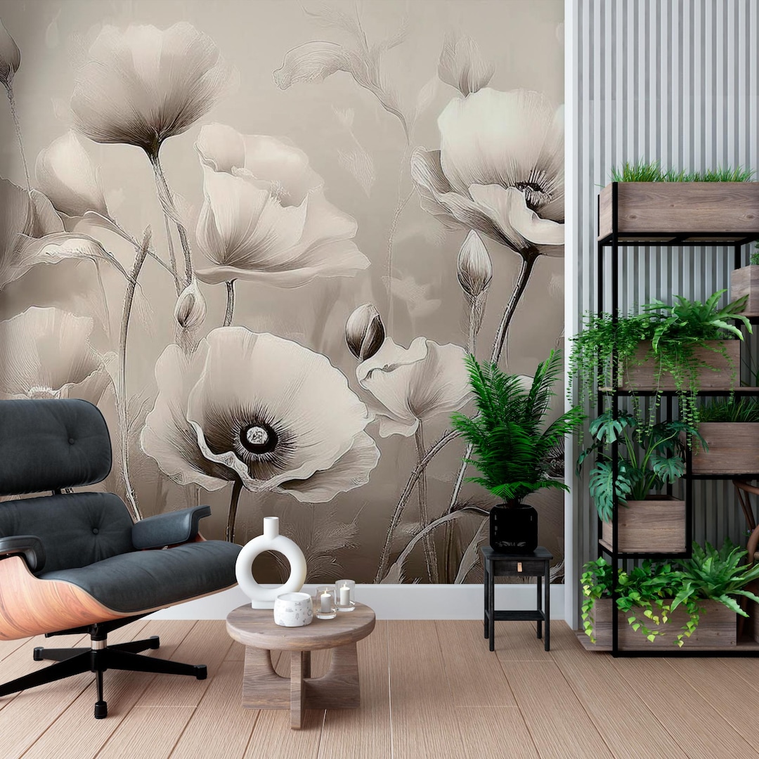 Poppies Wallpaper Mural-wildflowers Floral Motif Wallpaper Peel and ...