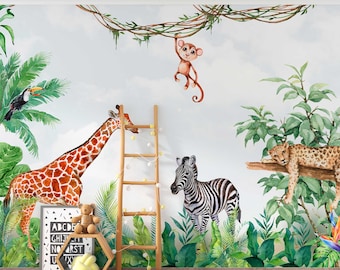 May include: A wall mural featuring a watercolor jungle scene with a giraffe, a zebra, a monkey hanging from vines, a leopard on a branch, and a toucan. A wooden ladder stands in front of the mural next to a framed sign with alphabet letters.