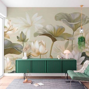 Papier peint floral nénuphar - Papier peint traditionnel non tissé Fleurs de lotus - Papier peint floral asiatique vert