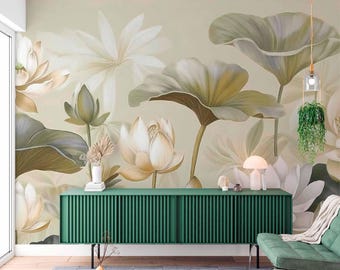 Water Lily Flowers Wallpaper Mural - Lotus Flowers Traditional Non Woven Wallpaper - Green  Asian Wallpaper Peel and Stick-Floral Wall Mural