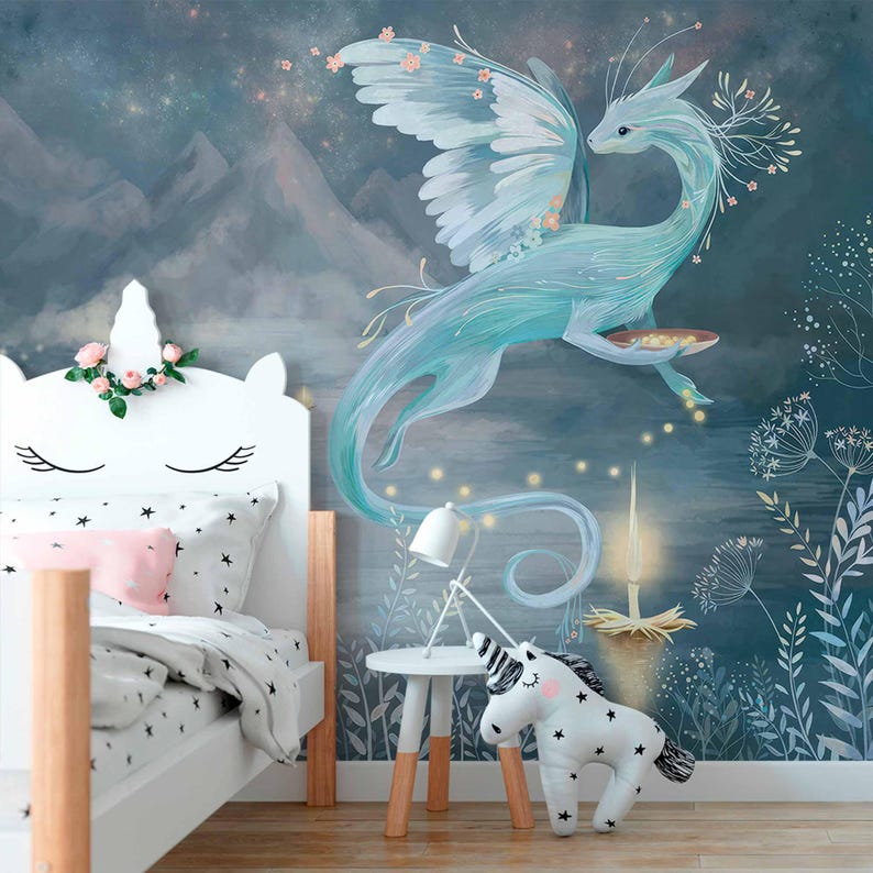A serene wallpaper featuring a graceful, winged dragon with delicate floral accents hovering above a tranquil lake. The dragon is illuminated by glowing floating candles, surrounded by soft foliage and a backdrop of misty mountains under a starry sky