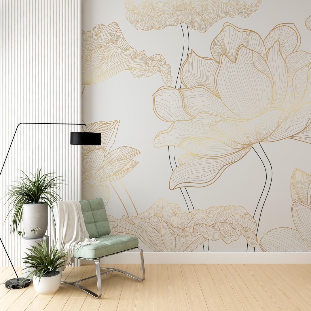 Gold Lotus Wallpaper Mural – Floral Line Art Wall Mural – Elegant Beige ...