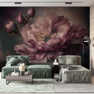 Flowers Wall mural, Rich Deep Colors Peonies, Art Print Photomural Wallpaper Mural Easy-Install Removeable Peel and Stick Large Wall Decal