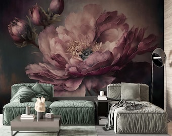Flowers Wall mural, Rich Deep Colors Peonies, Art Print Photomural Wallpaper Mural Easy-Install Removeable Peel and Stick Large Wall Decal