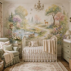 Woodland Nursery Wallpaper, Fairy Forest Wall Mural with Deer Rainbow and Wildflowers, Girls Room Decor image 3