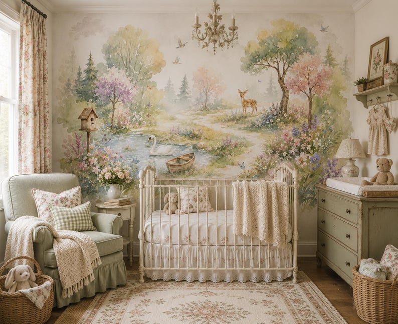 Woodland Nursery Wallpaper, Fairy Forest Wall Mural with Deer Rainbow and Wildflowers, Girls Room Decor image 3