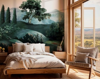 May include: A bedroom with a wooden bed frame, white bedding, and a beige throw blanket. A wooden armchair with a gray cushion sits near a large window overlooking a scenic landscape. The wall features a mural of a landscape painting.