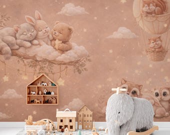 Animales dormidos rama papel tapiz cuarto bebé niña – Autoadhesivo bosque mural tierno – Oso conejo mapache pared acento – Tamaño a medida