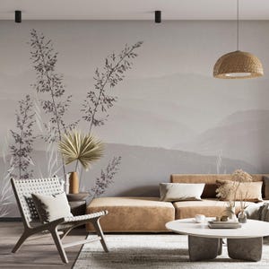 Minimalist Mountain Landscape Wallpaper Mural-Soft Gray Mountainscape Wall Mural-Calming Nature Wallpaper-Abstract Mountain Grass Wall Mural