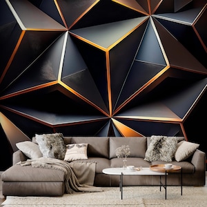 3D Geometric Wallpaper - Black and Gold Triangles Wall Mural - Modern Abstract Wall Art-3D Polygonal Design Wallpaper-Living Room Wallpaper