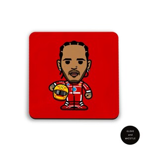 May include: A red square coaster with a cartoon illustration of a race car driver wearing a red racing suit and holding a yellow helmet. The driver has brown skin, black hair, and a black goatee.