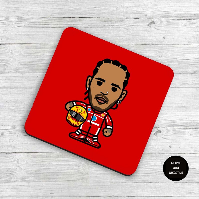 May include: Red square coaster with a cartoon illustration of a race car driver wearing a red racing suit and holding a yellow helmet. The driver has a black beard and brown hair. The text "MOM" is on the helmet.