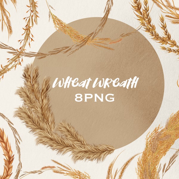 Wheat wreath clipart, Fall Wreath Png, Botanical Clipart, Autumn Wreath png, Boho Floral wreath png, Dry flower wreath, pampas wreath wheats