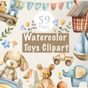 Aquarell Öko-Spielzeug Clipart Boho Baby Aquarell Clipart Geburtstagseinladung Clipart Kinder-Öko-Stil Kinderspielzeug digitales PNG-Aquarell
