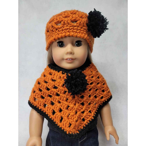 Doll Clothes Poncho & Hat Set Orange Black Pompom Fits American Girl and 18 Inch Dolls