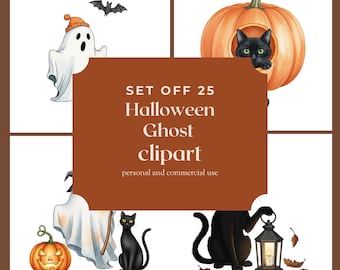 Kawaii Halloween Ghost Clipart Bundle: Spooky Watercolor PNG (Digital Download)