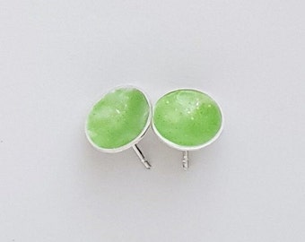 Green enameled silver earrings. Round earrings. Stud earrings