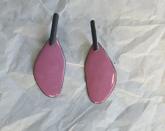 Pale pink enamel and silver earrings. Long earrings, butterfly wing