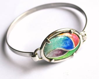 Cloisonne enamel and silver bracelet. Rigid woman bracelet.