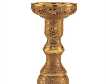 Candlestick is handmade from glass and all the relief designs are decorated by hand using 24 carat gold leaf and glass paint.