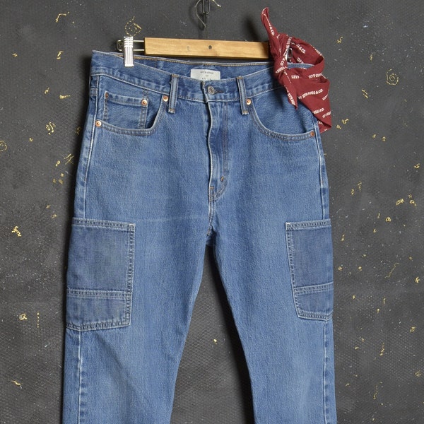 Vintage Denim Levis Jeans 502 W32 L26 Mens Levi's Jean Repaired Mended Faded Indigo Cropped Retro 90's Levi Strauss Worker Chore Pant Cargo