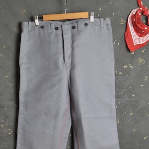Vintage Workwear Moleskin Pant W35 L31 Men German Work Trouser Chore Fatigue Grey Peasant Carpenter Worker Industrial Cinch buckle side Hobo