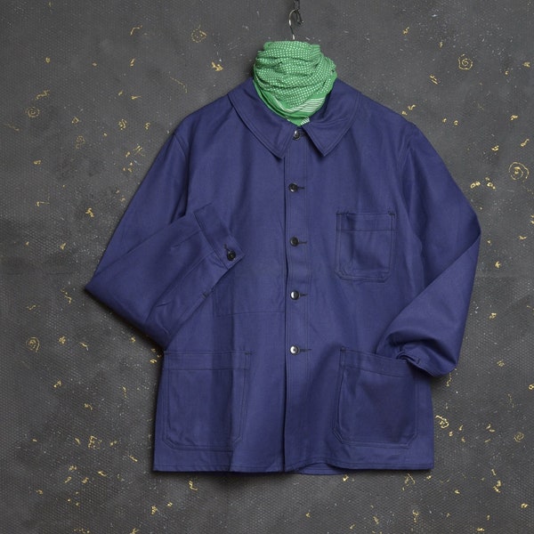 Vintage 70's French Chore Work Chaqueta M L Hombres Indigo Worker Coat France Ropa de trabajo Deadstock Field Blue Artist Shirt Artisan Bleu de travail