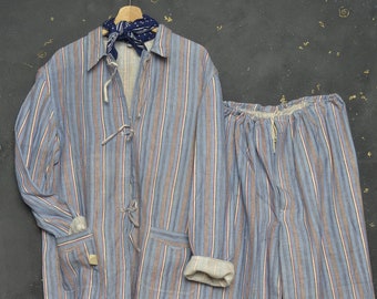 Vintage Workwear Men Jacket Pajamas Suit M Flannel Cotton Shirt Work Pant Chore Trouser Army Prisoner Jacket PJ's Stripes French Worker Coat