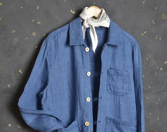 Vintage Français Workwear Manteau Homme Work Veste en lin M Veste de corvée Indigo Worker Field Chemise Artisan Bleu de travail Atelier Hobo Utility