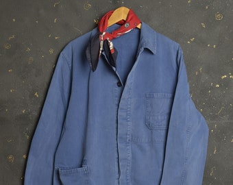 Vintage French Workwear Jacket L Pit 24" Men France Chore Worker Coat Blue Faded Work Shirt Bleu de travail Field Indigo jacket Rugged Hobo