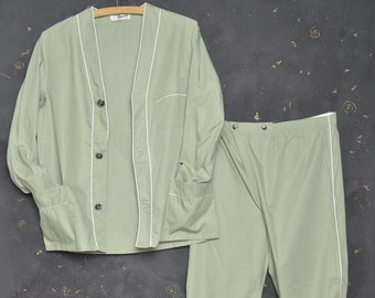Vintage Women Sleepwear Pajamas M Suit Retro Italian Pyjama Pant Shirt Set Green Nightwear Robe Pj's Chore Bedgown 80's Underwear Nightgown