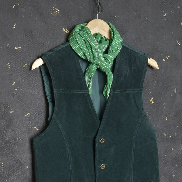 Vintage Shooting Vest M Real Leather Waistcoat Hunt Menswear Jerkin Workwear Chore Green Country Cinch Buckle Farm Cowboy Equestrian Western