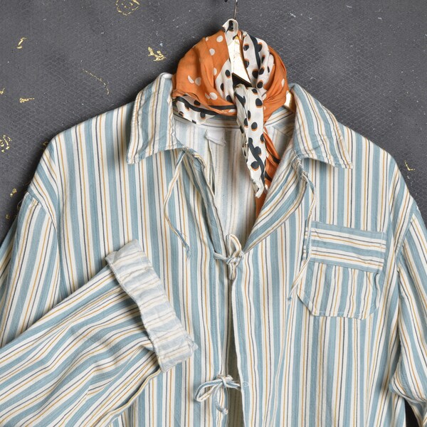 Veste de travail française vintage des années 50, manteau de corvée L pour hommes, vêtements de travail, chemise en flanelle prisonnier, travailleur en coton, rayures en noyer, passe-temps, artisan lisière hawaïen