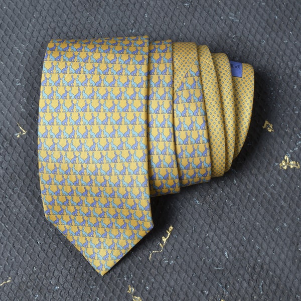 Vintage Thomas Pink Pure Silk Tie Bunny Rabbit Tie Men Animal Design Tie Suit Made in Italy Cravat Necktie Yellow Blue Violet Easter Sunday