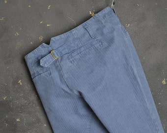 Pantalon de travail français vintage W29 pour femme, pantalon de travail indigo, rayures caryer, bermuda, corvée de travail, boucle de serrage, fatigue, menuisier, hobo, paysan