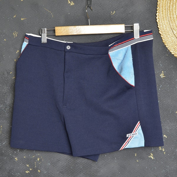 Vintage Sportwear Tennis Shorts XL W35" Men Briefs Classic Retro Navy Blue Towel Pocket Athletic Jersey Beachwear Women Short Pant Disco