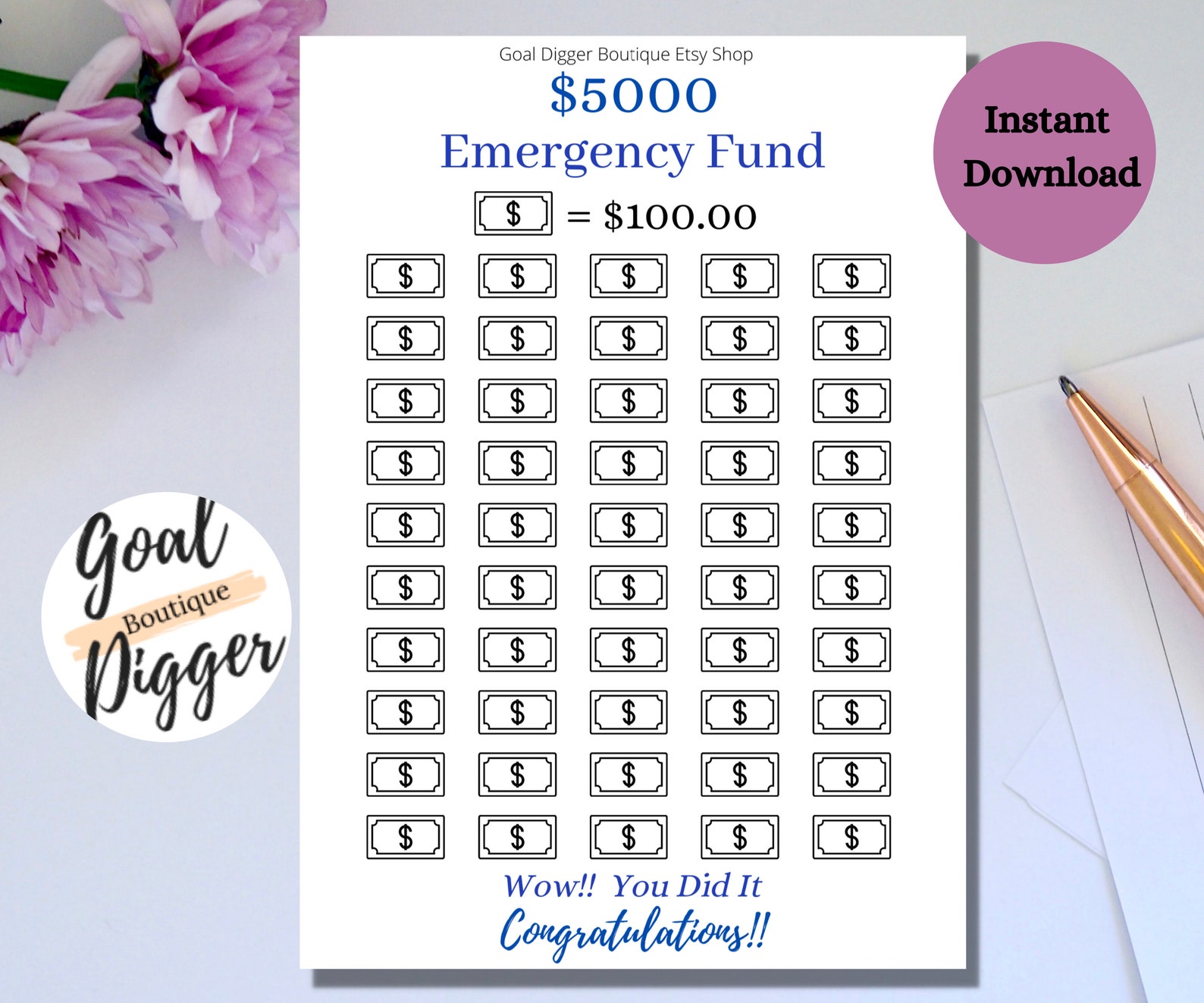 5K Emergency Fund Savings Tracker ER Fund Savings Tracker Printable
