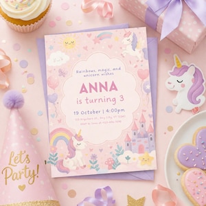 May include: A birthday party invitation with a unicorn theme. The invitation is pink with a unicorn, rainbow, and castle design. The text reads "ANNA is turning 3". Other party supplies include a cupcake, party hat, and cookies.