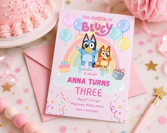 ブルーイをテーマにした青い犬、子供、女の子、虹、ピンクの誕生日、編集可能な招待状、パーティー、子犬の招待状