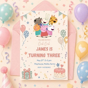 Può includere: Un invito per una festa di compleanno per bambini con personaggi di Peppa Pig. L'invito dice "James compie tre" con data, ora e luogo. Il design include palloncini, coriandoli e una torta.