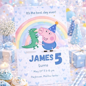 May include: A birthday party invitation featuring a cartoon pig and dinosaur with a rainbow. The invitation reads "It's the best day ever!" and "JAMES 5 turns". The scene includes cupcakes, balloons, and gift boxes.