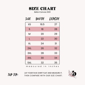 Puede incluir: Tabla de tallas para camisetas Bella+Canvas 3001, que muestra las medidas de ancho y largo en pulgadas para las tallas XS a 5XL.
