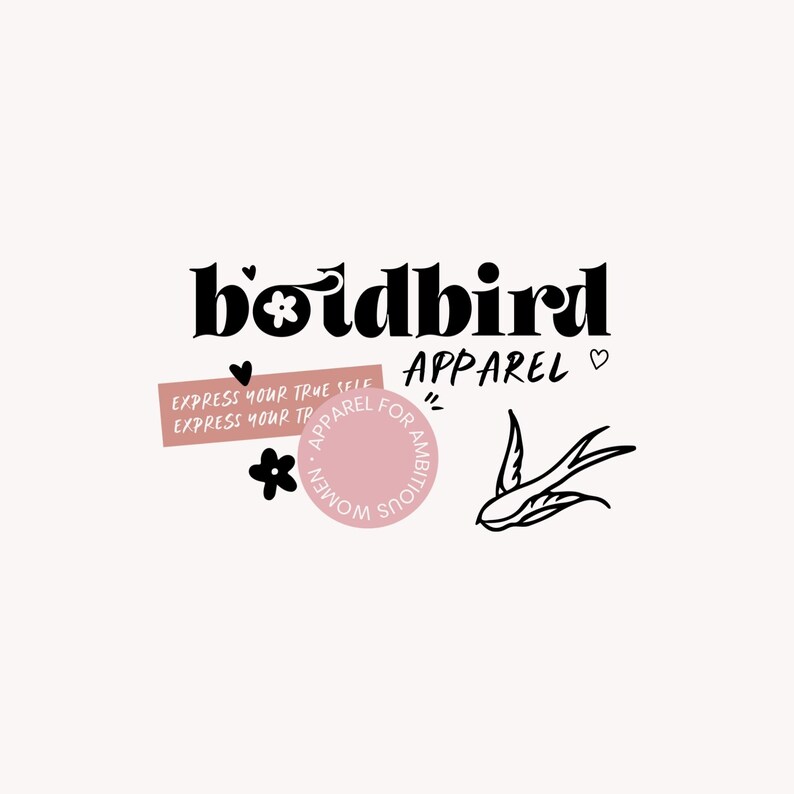 May include: Black and white logo for a clothing brand called "boldbird apparel". The logo features a stylized bird with a flower and the text "Express your true self".