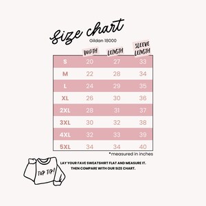K&ouml;nnte beinhalten: Gr&ouml;&szlig;entabelle f&uuml;r Gildan 18000 Sweatshirts, die die Ma&szlig;e f&uuml;r Breite, L&auml;nge und &Auml;rmell&auml;nge in Zoll f&uuml;r die Gr&ouml;&szlig;en S bis 5XL zeigt.