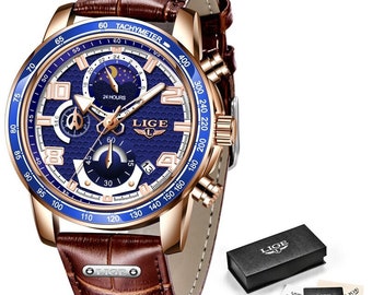2022 LIGE New Casual Leather Watch for Men Waterproof Quartz Men Premium Luxury Watches Creative Luxury Wristwatch