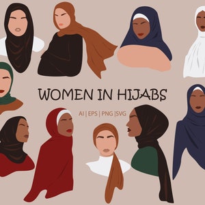 Abstract women in hijabs clipart. Muslim clip art. Hijab clipart. Islamic Female SVG. Faceless muslim female portraits. Black girl clipart