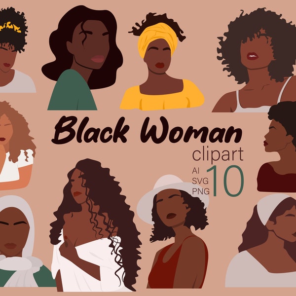 Clipart abstrait de femme noire. Clipart de filles afro-américaines. Portrait de femme contemporaine. Clipart féminin moderne. Impression féminine.