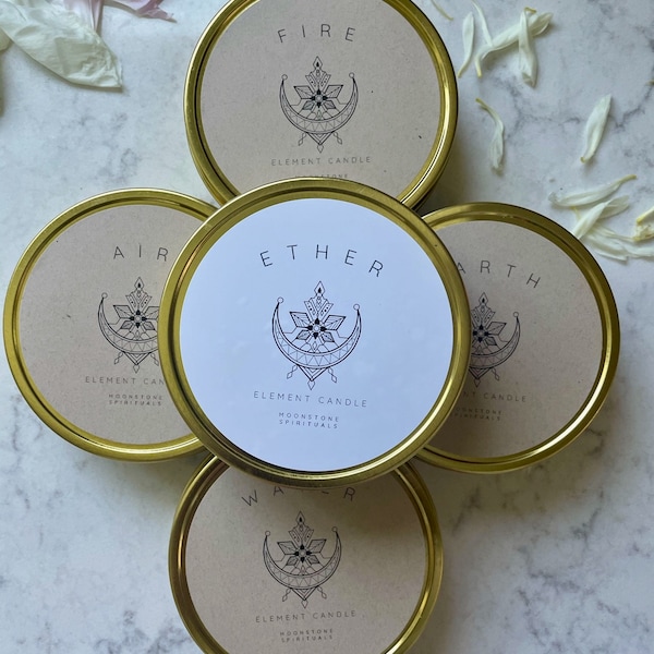 Alchemy Candle Gift Set | 5 Elemental Candles | 6 oz. Earth, Air, Fire, Water, Ether Candles | Soy Wax Crystal Candles