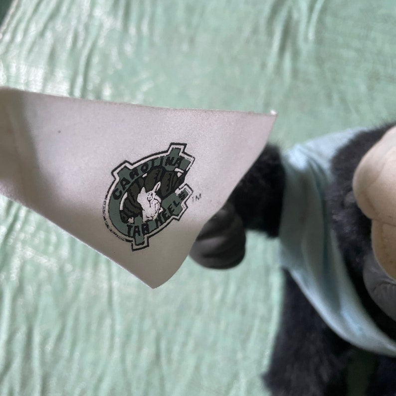 Op de afbeelding: Een witte patch met een groen logo waarop "Carolina Tar Heels" staat met een tekening van een rammenkop erin. Het logo bevindt zich op een zwart en blauw pluche speelgoed.