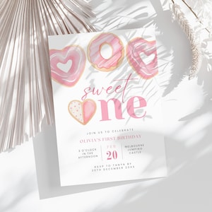 Invito per il primo compleanno di San Valentino, invito modificabile per il primo compleanno di una ragazza rosa dolce, tema della festa di febbraio dei dolci di San Valentino, #S1VD